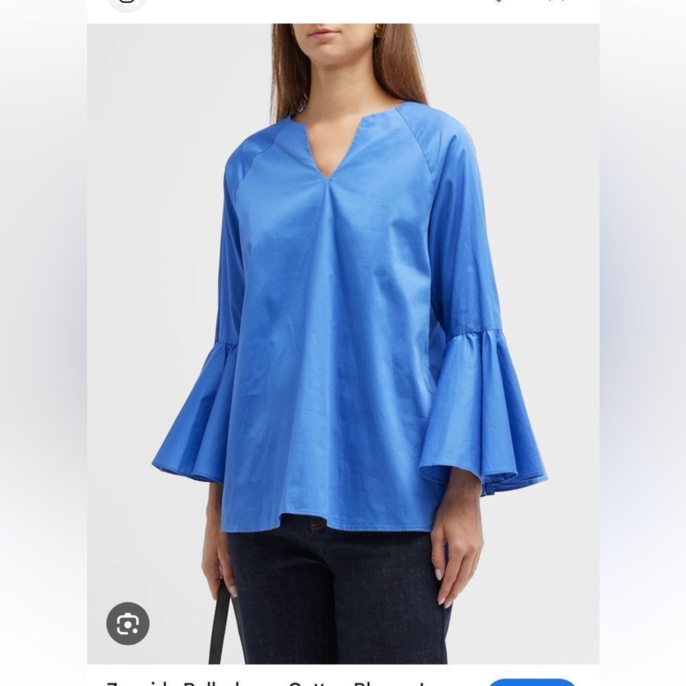 Harshman Zenaida Bell-sleeve Cotton Blouse In Indigo blue NWT Small